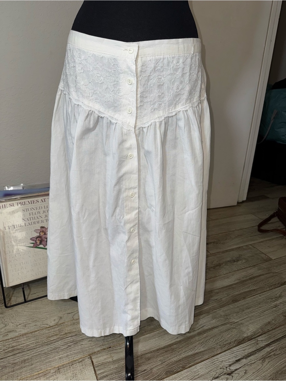 White Lace-Yoke Button-Front Midi Skirt